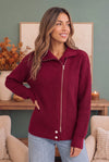 On Set Zip-Up Ribbed Sweater Jacket in Cranberry