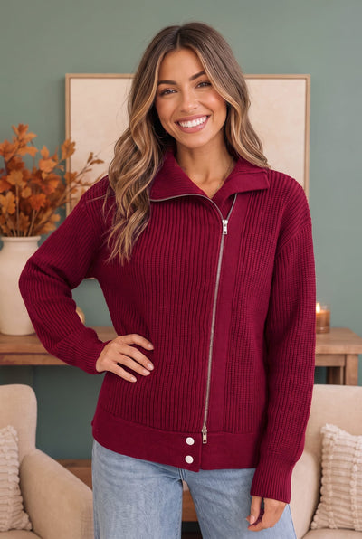On Set Zip-Up Ribbed Sweater Jacket in Cranberry