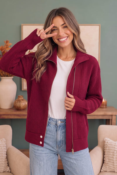 On Set Zip-Up Ribbed Sweater Jacket in Cranberry