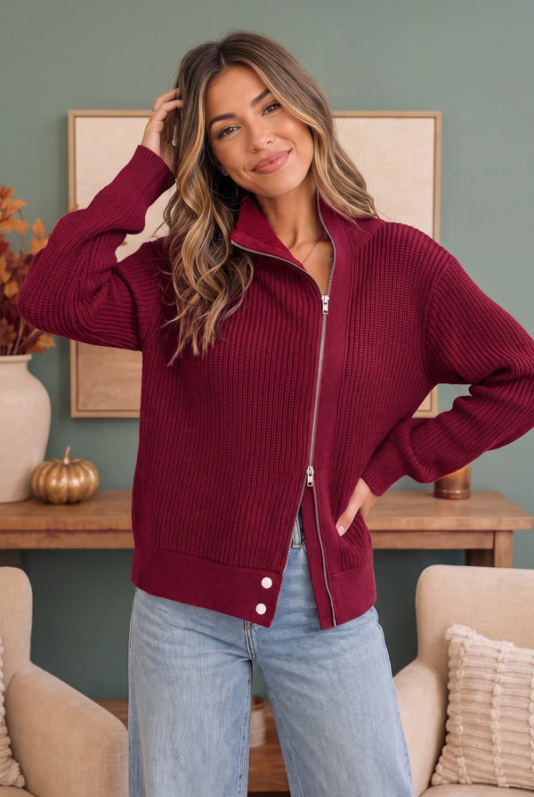 On Set Zip-Up Ribbed Sweater Jacket in Cranberry