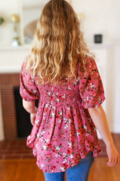 Just So Sweet Dusty Rose Floral Print Smocked Puff Sleeve Top