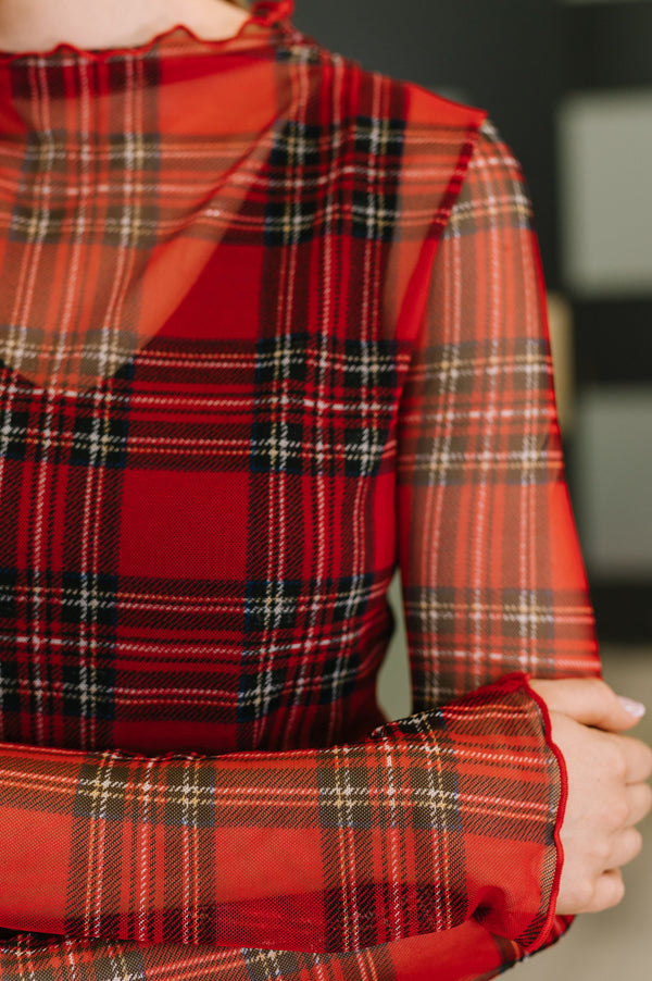 In the Present Plaid Mesh Layering Top in Red