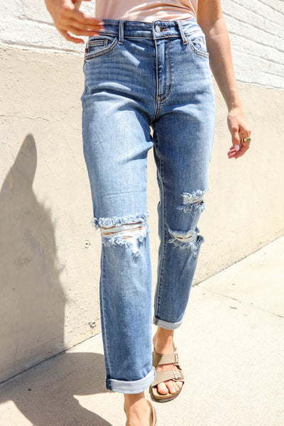 Judy Blue High-Rise Boyfriend Cuffed Hem Distressed Jeans