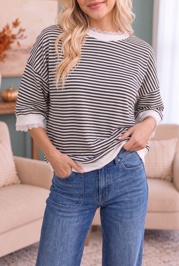 Stripe It Right Lace Trim Top