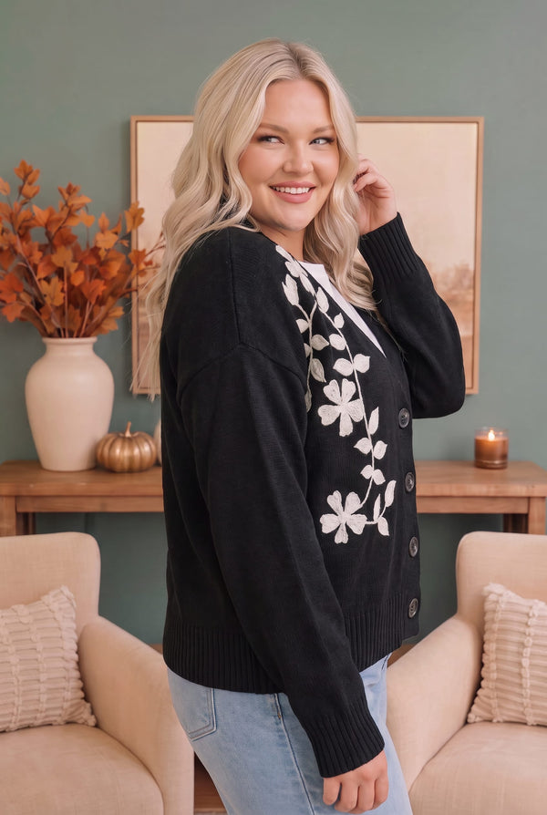 Off the Vine Black Floral Embroidered Cardigan