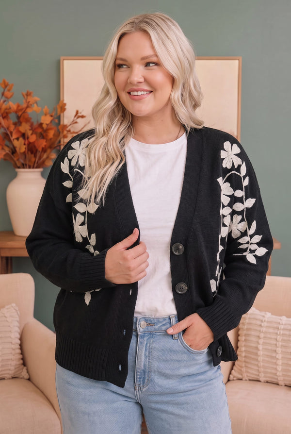 Off the Vine Black Floral Embroidered Cardigan