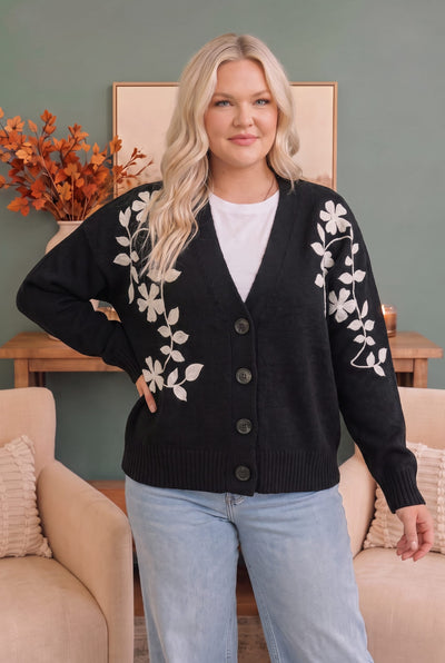 Off the Vine Black Floral Embroidered Cardigan