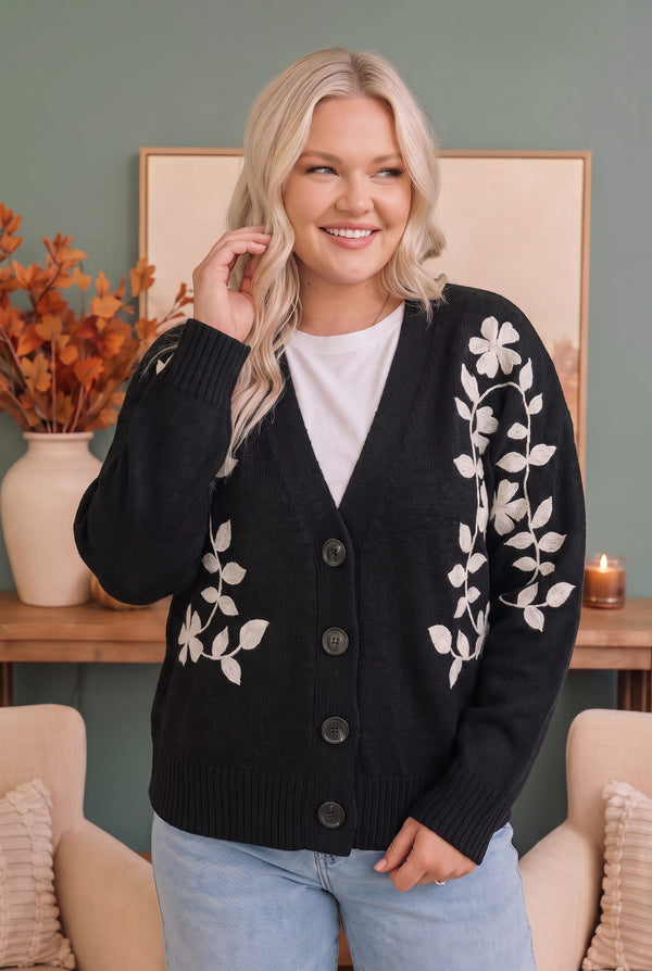 Off the Vine Black Floral Embroidered Cardigan