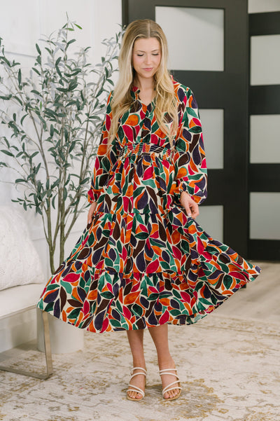 Leafing it All Behind Long Sleeve Tiered Dress
