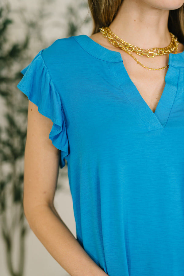 Lizzy Flutter Sleeve V-Neck Blouse in  in Aqua