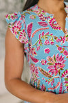 Lizzy Forever Flutter Sleeve Dress in Blue and Pink Paisley Floral