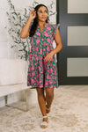 Lizzy Forever Flutter Sleeve Dress in Green and Pink Floral