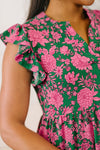 Lizzy Forever Flutter Sleeve Dress in Green and Pink Floral