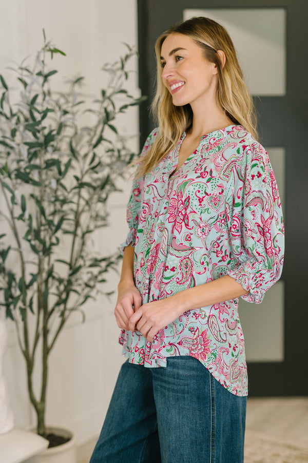 Lizzy Smock Top in Mint and Pink Floral Paisley