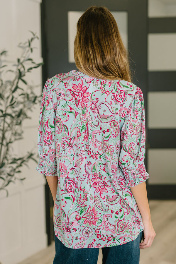 Lizzy Smock Top in Mint and Pink Floral Paisley