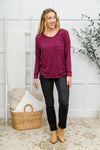 Long Sleeve Knit Top With Pocket In Burgundy