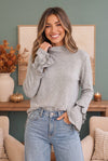 Ruffle Sleeve Cozy Knit Top in Heather Grey