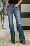 Marion Mid Rise Button Fly Flare with Destroy Fray Hem