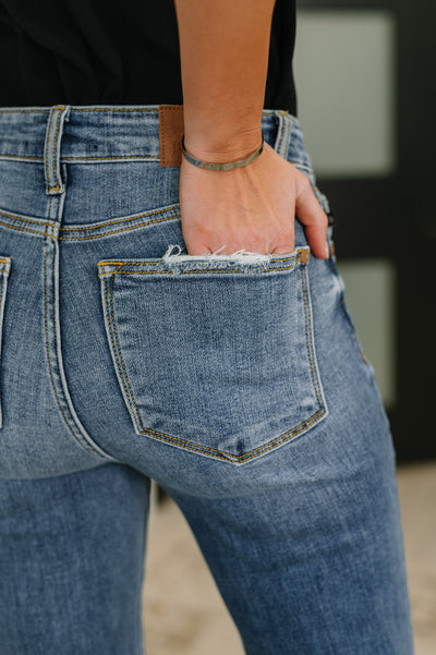 Marion Mid Rise Button Fly Flare with Destroy Fray Hem