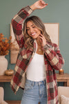 Cozy Plaid Sherpa Lined Shacket in Khaki Red