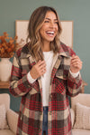 Cozy Plaid Sherpa Lined Shacket in Khaki Red