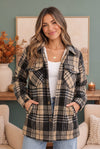 Cozy Plaid Sherpa Lined Shacket in Khaki Black