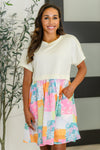 Office Associate Patchwork Print Babydoll Dress