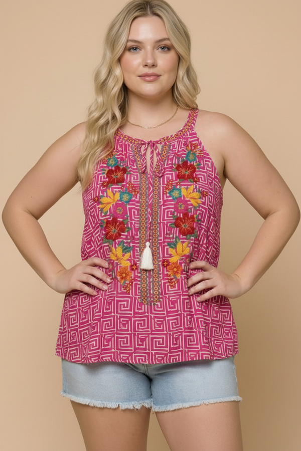 Boho Blooms Embroidered Halter Top in Fuchsia