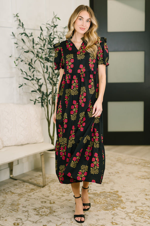 Quiet Life Notch Neck Tiered Dress in Black