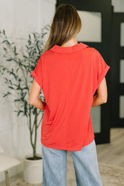 Sea You Soon Collared Top in Hot Coral