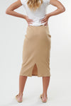 tan midi length pencil skirt drawstring waist, modest clothing for women, affordable modest clothing