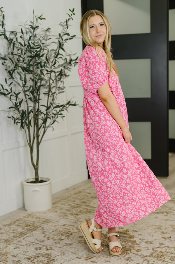 Softly Spoken Textured V-Neck Dress in Hot Pink