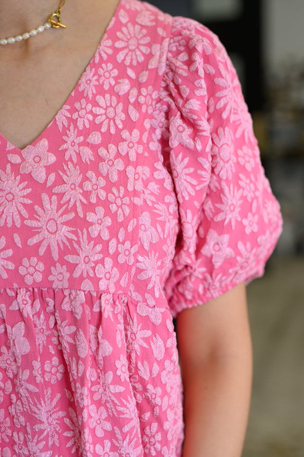Softly Spoken Textured V-Neck Dress in Hot Pink