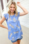 Live Freely Blue Tiger Print Short Frill Sleeve Knit Top