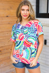 Sunny Days Teal & Orange Tropical Abstract V Neck Top