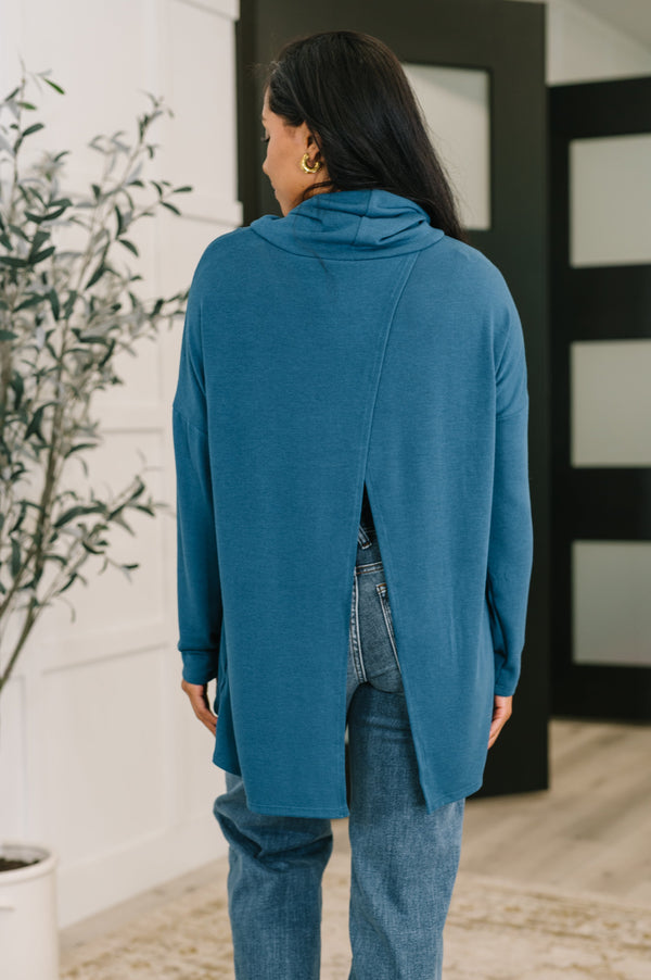 Travel Destination Cowl Neck Pullover in Dark Teal