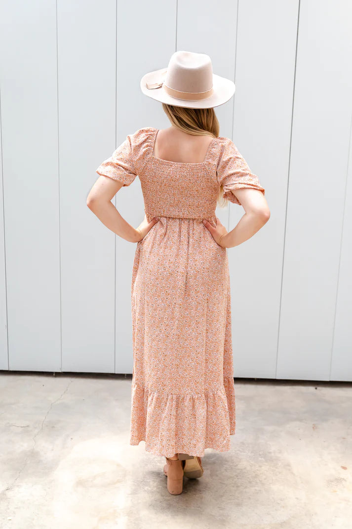 peach floral maxi dress, modest dresses, modest dresses for women, tznius dresses