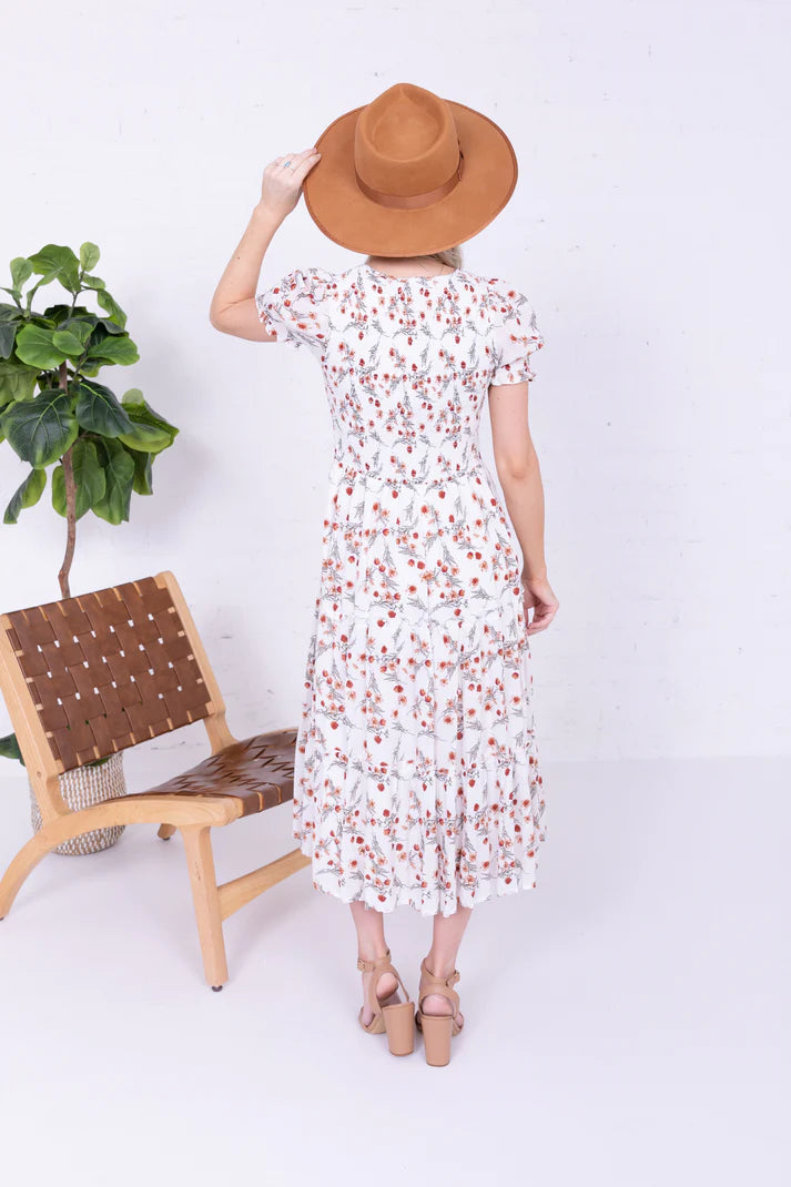 white floral midi length dress, modest dresses for women, modest dresses, tznius dresses