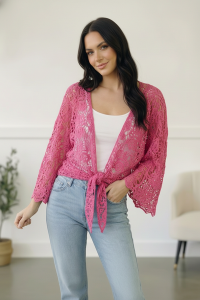 Beautiful You Fuchsia Crochet Front Tie Bell Sleeve Cardigan