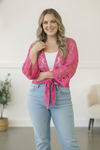 Beautiful You Fuchsia Crochet Front Tie Bell Sleeve Cardigan