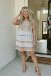 Embroidered Stripe Tiered Mini Dress