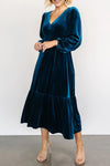 V-Neck Long Sleeve Midi Velvet Dress