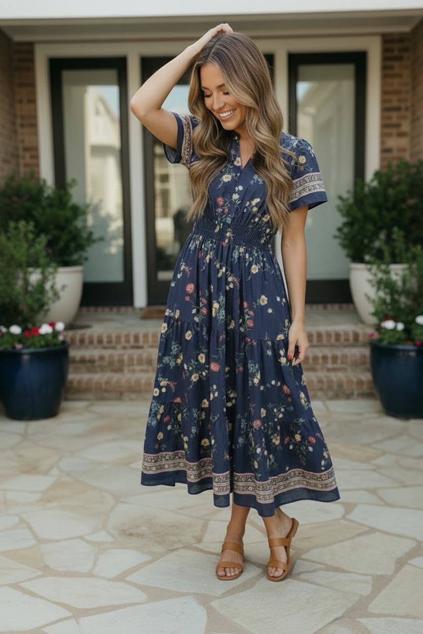 blue floral seaport midi dress Blue Floral Midi Cotton Casual Dress: Carmen Blue Floral / XSmall