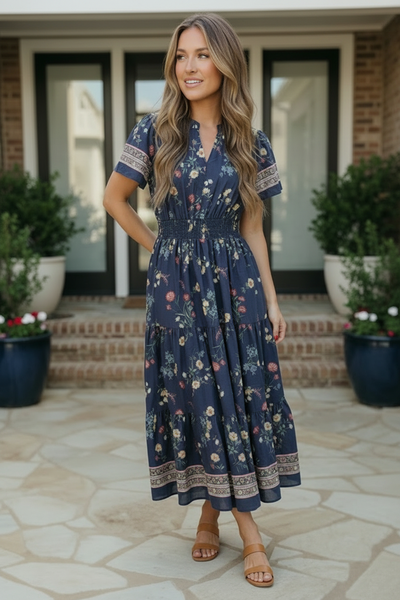 At the Summer Cottage Navy Floral Midi Dress