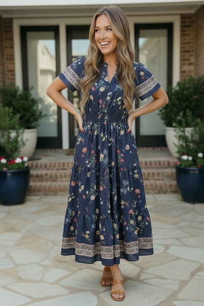 At the Summer Cottage Navy Floral Midi Dress