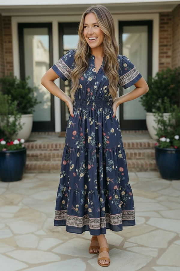 At the Summer Cottage Navy Floral Midi Dress Modest Pop At the Summer Cottage Navy Floral Midi Dress Modest Pop