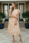 Watercolor Floral Flutter Sleeve Midi Dress