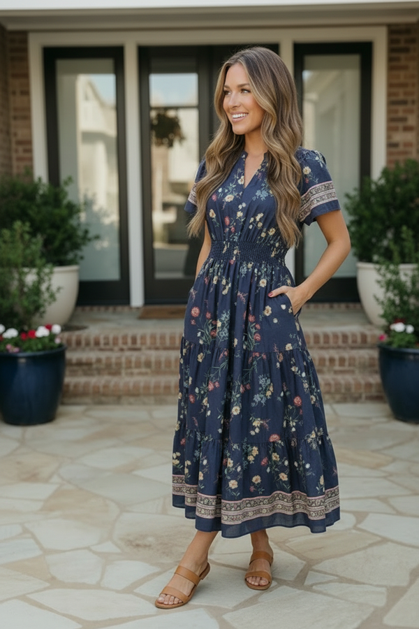 At the Summer Cottage Navy Floral Midi Dress