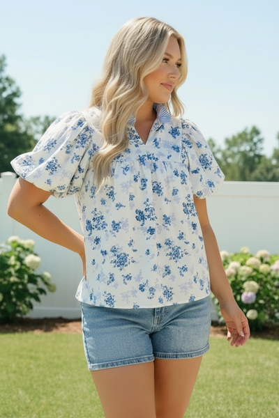 Sweet in Blue Floral Puff Sleeve Babydoll Top