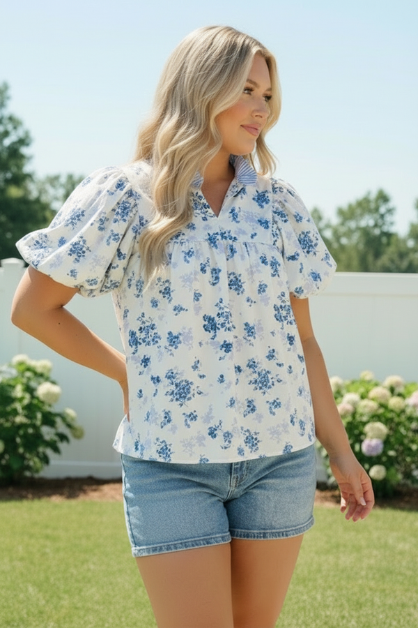 Sweet in Blue Floral Puff Sleeve Babydoll Top
